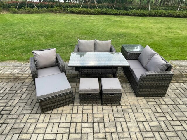 Rackhams 8 Seater Lounge Rattan Sofa Set Outdoor Garden Furniture Oblong Rectangular Dining Table With Chairs 3 Footstools Side Table Dark Grey Mixed - image 1