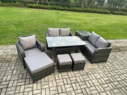 Rackhams 8 Seater Lounge Rattan Sofa Set Outdoor Garden Furniture Oblong Rectangular Dining Table With Chairs 3 Footstools Side Table Dark Grey Mixed - thumbnail 2