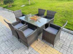 Rackhams Rattan Garden Furniture Dining Set 6-seater Patio Rectangular Gas Fire Pit Table Chairs Outdoor Dark Grey Mixed - thumbnail 2