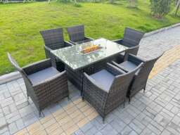Rackhams Rattan Garden Furniture Dining Set 6-seater Patio Rectangular Gas Fire Pit Table Chairs Outdoor Dark Grey Mixed - thumbnail 1