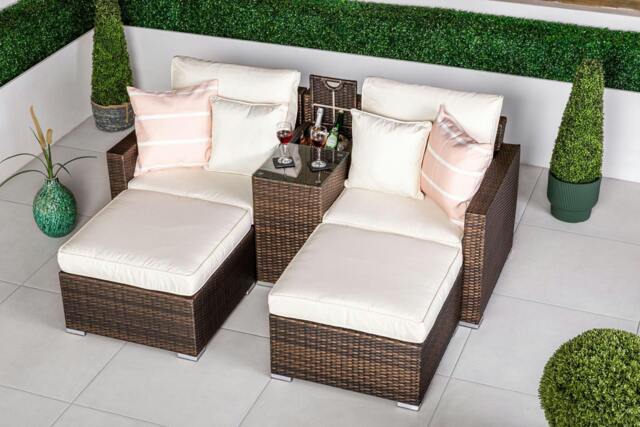Rackhams Havana 2 Seat Modular Sofa Rattan Garden Balcony Furniture Set Outdoor Drinks Cooler Table & 2 Ottomans - Brown - 1 - image 1