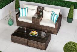 Rackhams Havana 2 Seat Modular Sofa Rattan Garden Balcony Furniture Set Outdoor Drinks Cooler Table & 2 Ottomans - Brown - 1 - thumbnail 3
