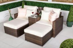 Rackhams Havana 2 Seat Modular Sofa Rattan Garden Balcony Furniture Set Outdoor Drinks Cooler Table & 2 Ottomans - Brown - 1 - thumbnail 2
