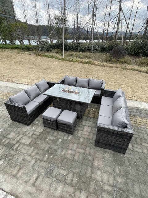 Rackhams Rattan Outdoor Garden Furniture Set with Gas Fire Pit Dining Table, 3 Sofas, 2 Footstools - 11 Seater - Dark Grey - image 1