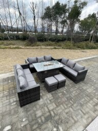 Rackhams Rattan Outdoor Garden Furniture Set with Gas Fire Pit Dining Table, 3 Sofas, 2 Footstools - 11 Seater - Dark Grey - thumbnail 3