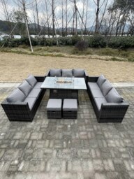 Rackhams Rattan Outdoor Garden Furniture Set with Gas Fire Pit Dining Table, 3 Sofas, 2 Footstools - 11 Seater - Dark Grey - thumbnail 2
