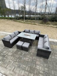 Rackhams Rattan Outdoor Garden Furniture Set with Gas Fire Pit Dining Table, 3 Sofas, 2 Footstools - 11 Seater - Dark Grey - thumbnail 1