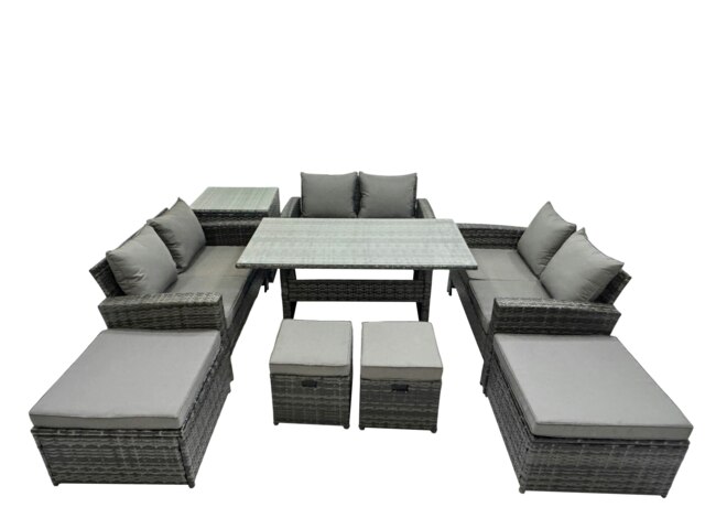 Rackhams 10 Seater Wicker PE Rattan Furniture Outdoor Dining Table Double Seat Sofa Side Table 4 Stools Set Dark Grey Mixed - image 1