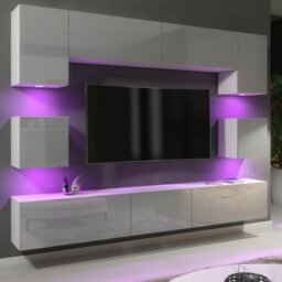 Rackhams Modern Wall TV Unit 9 Elements – White Matt Body and Grey Gloss Doors – Free RGB LED - 242 cm -  MDF/Chipboard - White - thumbnail 3