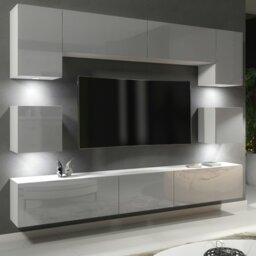 Rackhams Modern Wall TV Unit 9 Elements – White Matt Body and Grey Gloss Doors – Free RGB LED - 242 cm -  MDF/Chipboard - White - thumbnail 2
