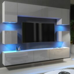 Rackhams Modern Wall TV Unit 9 Elements – White Matt Body and Grey Gloss Doors – Free RGB LED - 242 cm -  MDF/Chipboard - White