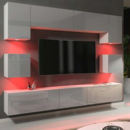 Rackhams Modern Wall TV Unit 9 Elements – White Matt Body and Grey Gloss Doors – Free RGB LED - 242 cm -  MDF/Chipboard - White - thumbnail 6