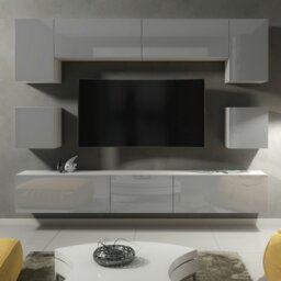 Rackhams Modern Wall TV Unit 9 Elements – White Matt Body and Grey Gloss Doors – Free RGB LED - 242 cm -  MDF/Chipboard - White - thumbnail 4