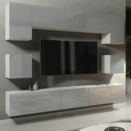 Rackhams Modern Wall TV Unit 9 Elements – White Matt Body and Grey Gloss Doors – Free RGB LED - 242 cm -  MDF/Chipboard - White - thumbnail 5