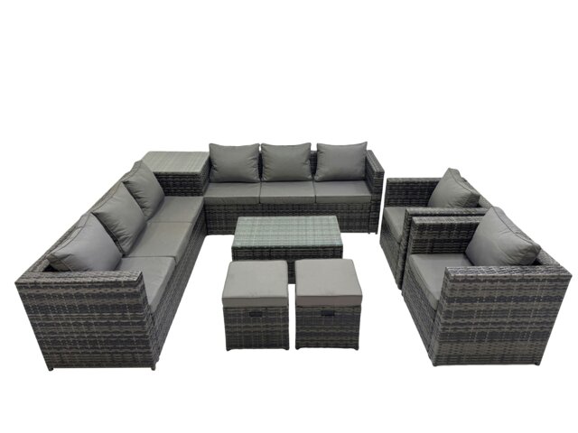 Rackhams 10 Seater Garden Outdoor Rattan Furniture Set Patio Corner Sofa Rectangular Coffee Table with 2 Small Stool Dark Grey - image 1