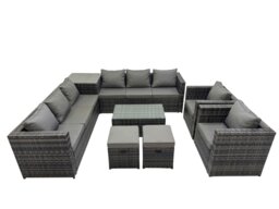 Rackhams 10 Seater Garden Outdoor Rattan Furniture Set Patio Corner Sofa Rectangular Coffee Table with 2 Small Stool Dark Grey - thumbnail 1