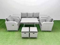 Rackhams Reclining Chair 3 Seat Sofa Set Garden Furniture Set with Rectangular Dining Table 2 Side Tables 2 Small Footstools Light Grey - thumbnail 1