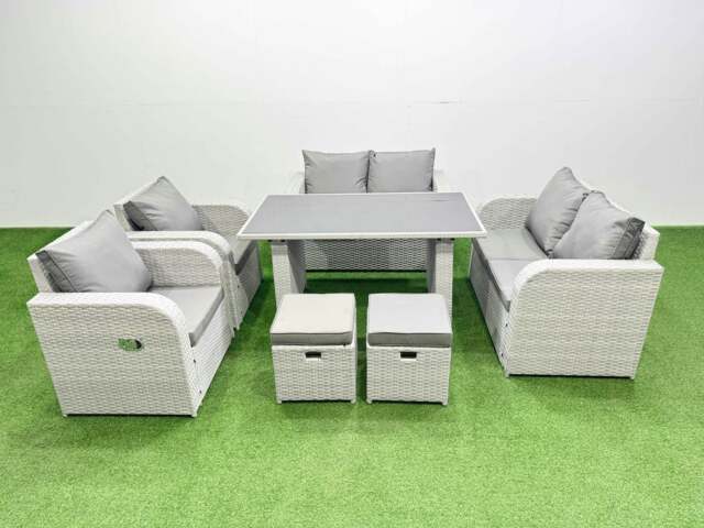 Rackhams 7 Pieces Outdoor PE Rattan Sofa Reclining Chair Set Patio Garden Furniture Sets with Cushions 2 Small Stools Light Grey - image 1