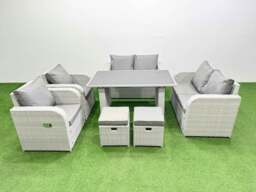 Rackhams 7 Pieces Outdoor PE Rattan Sofa Reclining Chair Set Patio Garden Furniture Sets with Cushions 2 Small Stools Light Grey