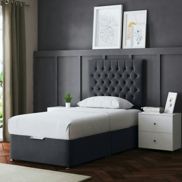 Rackhams Seraphine Divan Bed with Upholstered Headboard - Two Drawers - Steel (Grey) - Small Single - image 1