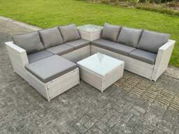 Rackhams 7 Seater PE Wicker Light Grey Rattan Garden Corner Furniture Sofa Sets Outdoor Patio Furniture Big Footstool Coffee Table - thumbnail 1