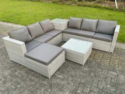 Rackhams 7 Seater PE Wicker Light Grey Rattan Garden Corner Furniture Sofa Sets Outdoor Patio Furniture Big Footstool Coffee Table - thumbnail 2