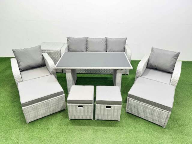Rackhams 9 Seater Patio Garden Furniture Sets with Black Glass Top Dining Table Love Sofa Side Table 4 Stools Light Grey - image 1
