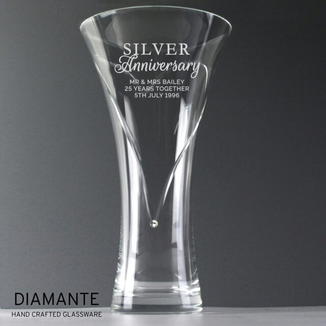 Rackhams Personalised Silver Anniversary Large Hand Cut Diamante Heart Vase - image 1