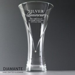 Rackhams Personalised Silver Anniversary Large Hand Cut Diamante Heart Vase