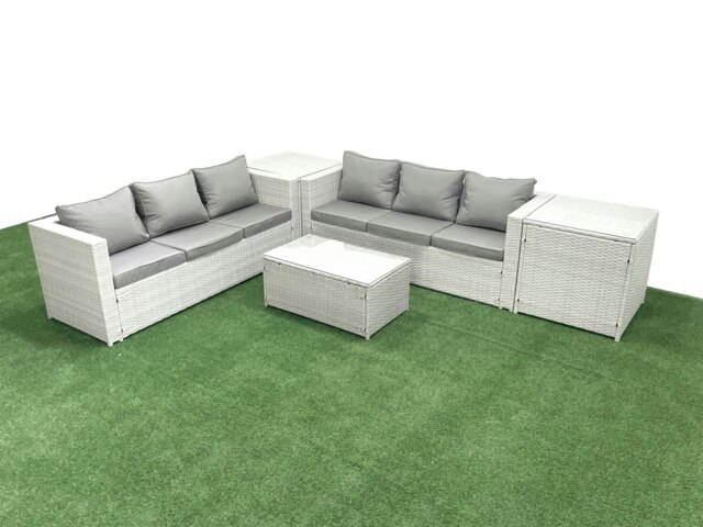 Rackhams Garden Outdoor PE Rattan Furniture Set 6 Seater Rattan Garden Sofa Set with 2 Side Tables Light Grey Mixed - image 1