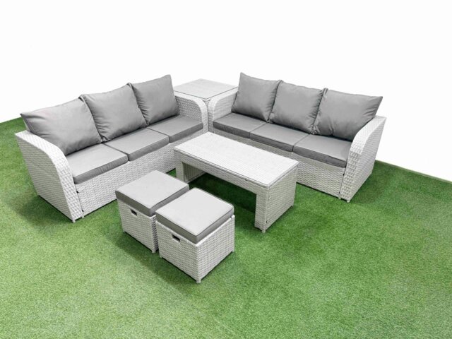 Rackhams 8 Seater Rattan Outdoor Sofa Set - Light Grey Wicker with Oblong Coffee Table, High Back Lounge Sofa & Stools - image 1