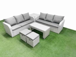 Rackhams 8 Seater Rattan Outdoor Sofa Set - Light Grey Wicker with Oblong Coffee Table, High Back Lounge Sofa & Stools - thumbnail 1
