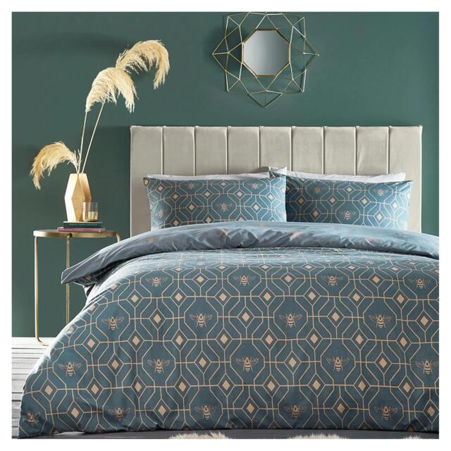Rackhams Bee Deco Geometric Duvet Cover Set - French Blue - Superking - French Blue - 50% Cotton/50% Polyester - image 1
