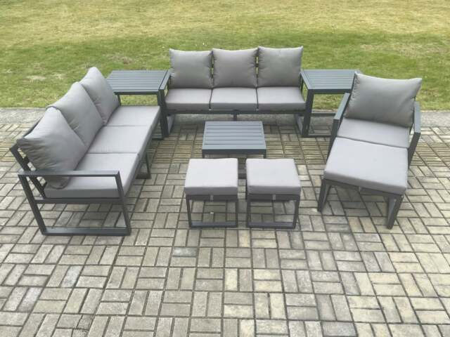 Rackhams Aluminium Outdoor Lounge Sofa Set Garden Furniture Sets with Square Coffee Table Chair 3 Footstools 2 Side Tables Dark Grey - image 1