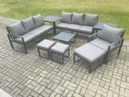 Rackhams Aluminium Outdoor Lounge Sofa Set Garden Furniture Sets with Square Coffee Table Chair 3 Footstools 2 Side Tables Dark Grey - thumbnail 2