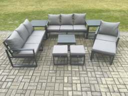 Rackhams Aluminium Outdoor Lounge Sofa Set Garden Furniture Sets with Square Coffee Table Chair 3 Footstools 2 Side Tables Dark Grey - thumbnail 1