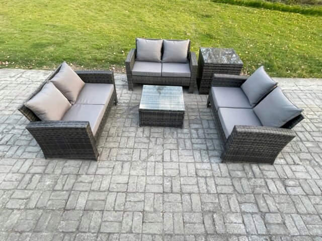 Rackhams 6 Seater Rattan Wicker Garden Furniture Patio Conservatory Sofa Set with Square Coffee Table Double Seat Sofa Side Table - image 1