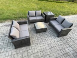 Rackhams 6 Seater Rattan Wicker Garden Furniture Patio Conservatory Sofa Set with Square Coffee Table Double Seat Sofa Side Table - thumbnail 2