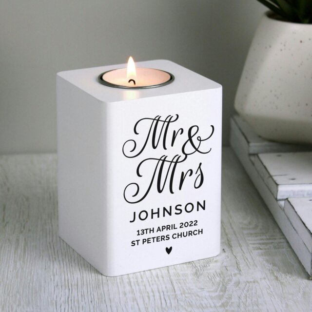 Rackhams Personalised Mr & Mrs White Wooden Tea light Holder - image 1