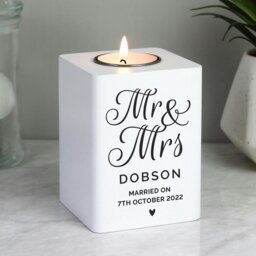 Rackhams Personalised Mr & Mrs White Wooden Tea light Holder - thumbnail 2