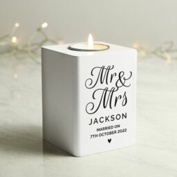 Rackhams Personalised Mr & Mrs White Wooden Tea light Holder - thumbnail 4