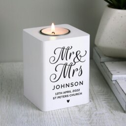 Rackhams Personalised Mr & Mrs White Wooden Tea light Holder - thumbnail 1