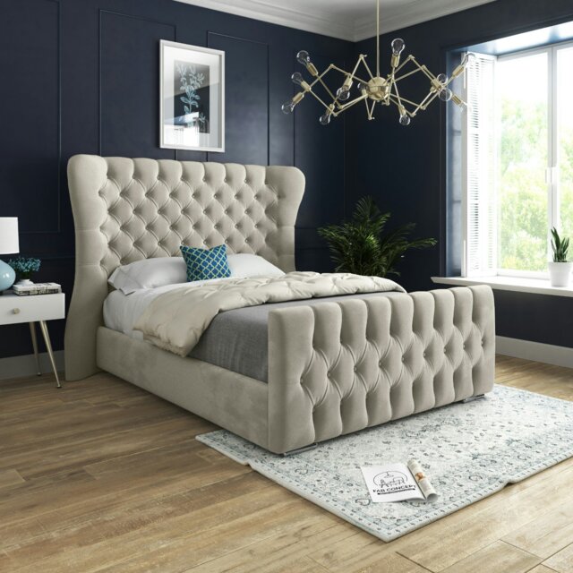 Rackhams Nuno Straight Winged Upholstered Soft Velvet Bed Frame - Pink - Silver - Small single - image 1