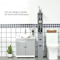 Rackhams Tall Bathroom Cabinet, Freestanding Bathroom Storage Cabinet with 2-Tier Shelf and Drawers, Narrow Cupboard Storage Unit, Grey - thumbnail 5