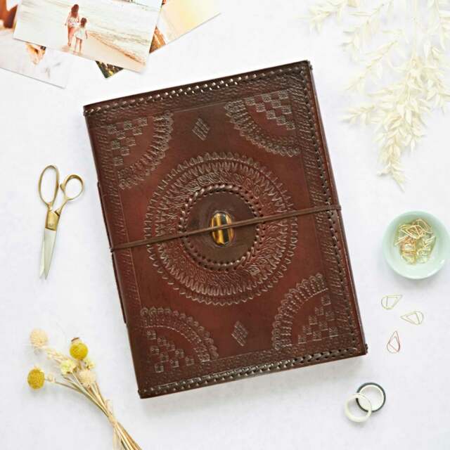 Rackhams Indra Extra Large Embossed & Stitched Leather Photo Album with Semi-Precious Stone - Tiger's Eye - image 1