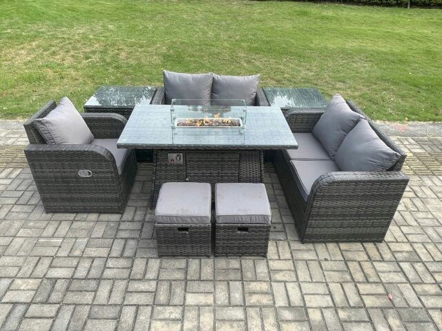 Rackhams Rattan Outdoor Gas Fire Pit Dining Set - Reclining Chair, Sofa, 2 Side Tables, 2 Footstools - Dark Grey - image 1