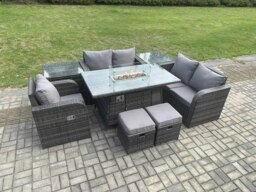 Rackhams Rattan Outdoor Gas Fire Pit Dining Set - Reclining Chair, Sofa, 2 Side Tables, 2 Footstools - Dark Grey - thumbnail 2