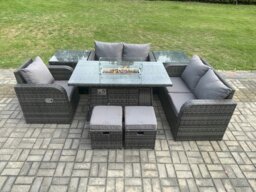 Rackhams Rattan Outdoor Gas Fire Pit Dining Set - Reclining Chair, Sofa, 2 Side Tables, 2 Footstools - Dark Grey - thumbnail 1