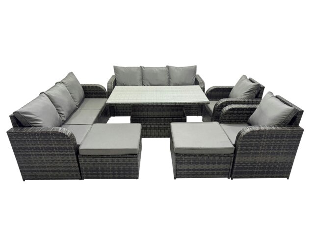 Rackhams Rattan Garden Furniture Dining Set 10 seater Patio Height Adjustable Rising Lifting Table Sofa Set with 2 Big Footstool Dark Grey Mixed - image 1