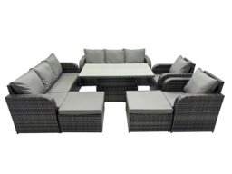 Rackhams Rattan Garden Furniture Dining Set 10 seater Patio Height Adjustable Rising Lifting Table Sofa Set with 2 Big Footstool Dark Grey Mixed - thumbnail 1